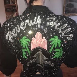 Beverly Hills mural mirror rhinestone denim jacket